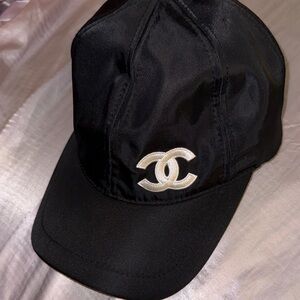 CHANEL Black Satin Cap with White Double C Logo
